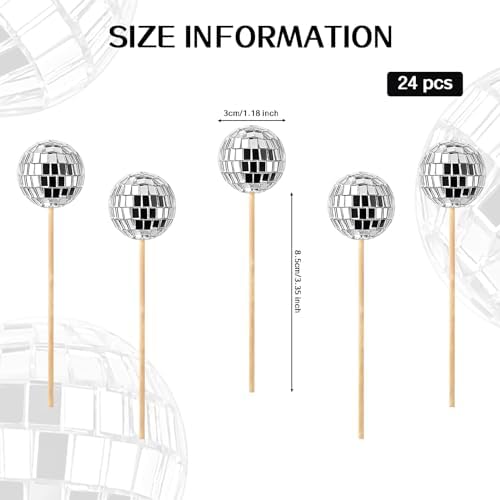 JOERSH 24pcs Disco Ball Cupcake Toppers - 1970s Disco Ball Picks Disco Theme Cake Decorations for Disco Theme Party 70s Disco Party Favor (Silver)