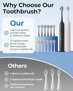 2 Pack Electric Toothbrush Set, Comes with 12 Brush Heads & 2 Electric Toothbrush,5 Modes with 2 Minutes Built in Smart Timer, One Charge for 60 Days, 38000 VPM Motor,Black and Pink.