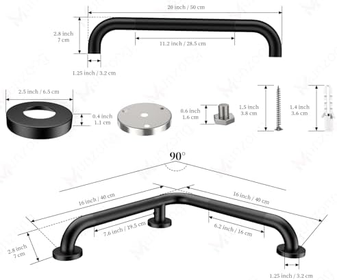 16 Inch L-Shaped Black Bathroom Grab Bars with 20 Inch Straight Munzong Toilet Handicap Grab Rail,Anti Slip Stainless Steel Knurled Safety Handle Support Elderly Injury Senior