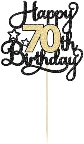 1Pc Happy 70th Birthday Cake Topper Glitter Cheers to 70 Years Cake Topper 70 Fabulous Cake Decoration for Happy 70th Birthday Anniversary Party Cake Decorations Supplies Black Gold