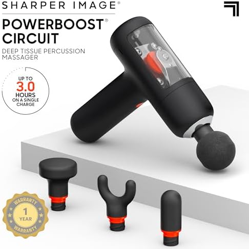 Sharper Image PowerBoost Circuit Massage Gun [2026 Version] Deep Tissue Percussion Massager with 6 Speeds for Back, Shoulders, & Full Body Muscle Pain Relief, with 4 Attachments & Travel Case