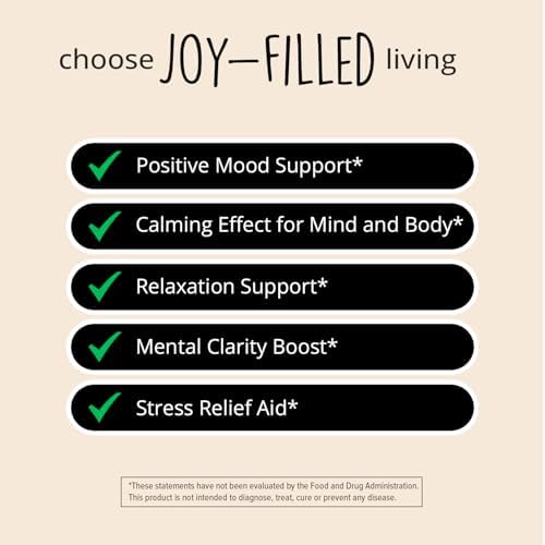 Joy-Filled Mood Support Supplement - 7 Herb Complex + St. Johns Wort | Stress Relief – Helps Calm The Mind & Body | 100% Plant-Based Happy Pills, Ashwagandha, Rhodiola Rosea | Adaptogens, 60 Ct