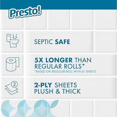 Amazon Brand - Presto! 2-Ply Ultra-Soft Toilet Paper, Septic-Safe, 24 Family Mega Rolls = 120 Regular Rolls, 308 Sheets, Unscented, Pack of 4