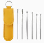 Ear Wax Removal Tool Kit, 6 Piece Stainless Steel Earwax Remover Set with Spoon and Curette, Ear Cleaning Tools with Yellow Carrying Case