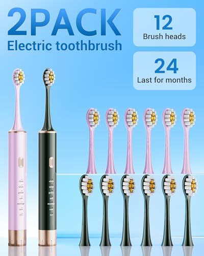 Aneebart Sonic 2 Pack Electric Toothbrush for Adults and Kids, Travel Toothbrush Includes 12 Replacement Toothbrush Heads, 6 Modes with 2 MIN Smart Timer (Purple, Green)
