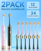 Aneebart Sonic 2 Pack Electric Toothbrush for Adults and Kids, Travel Toothbrush Includes 12 Replacement Toothbrush Heads, 6 Modes with 2 MIN Smart Timer (Purple, Green)