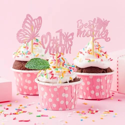 12Pcs Mother's Day Cupcake Toppers,Pink Glitter Cake Toppers Butterfly Cupcake Picks for Coquette Theme Party Decoration Engagement Wedding Baby Shower Party Cupcake Decor