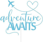 Adventure Awaits Cake Topper 2024 Graduation/Going Away/Retirement/Bon Voyage/Baby Shower/Moving Party/Travel Theme Party Decorations Supplies Blue Glitter