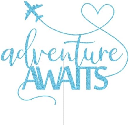 Adventure Awaits Cake Topper 2024 Graduation/Going Away/Retirement/Bon Voyage/Baby Shower/Moving Party/Travel Theme Party Decorations Supplies Blue Glitter
