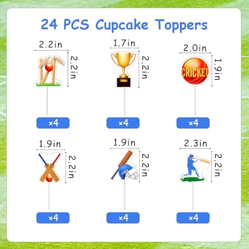 24Pcs Cricket Cupcake Toppers Cricket Theme Party Decorations Sports Ball Cricket Cupcake Picks Double Sided Printing Cake Decorations for Baby Shower Boys Girls Birthday Party Supplies