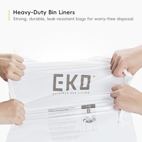 EKO 7-10 Litre Drawstring Bin Bags, Heavy Duty Bin Liners for Slim Kitchen and Bathroom Bins, Leakproof and Tear-Resistant for Waste & Recycling, Unscented Food Waste Bags, 25 Count, Code B, White