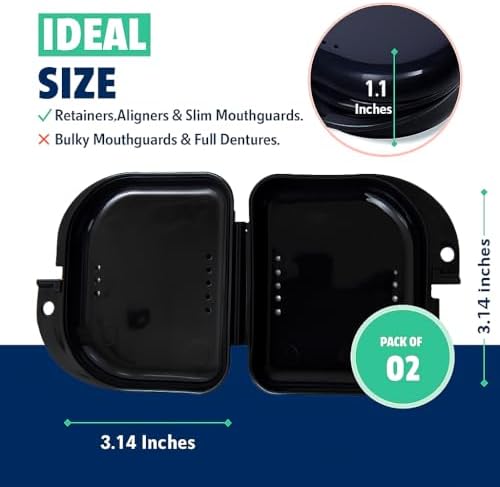 Retainer Case - Pack of 2 - Odorless Mouth Guard Case-Retainer Holder-Ventilated, Durable & Hygienic Guard Case for Carrying and Protecting Braces, Partial Dentures & Aligners-Black-3.14 x 3.14 x 1.1