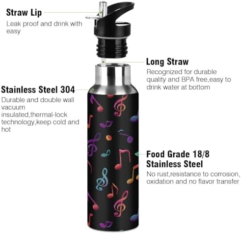 Colorful Music Note Water Bottle Vacuum Insulated Stainless Steel Mug Kids Water Bottle with Straw and Handle Keep Hot Cold Sport Bike Fit Travel Outdoor 20 oz