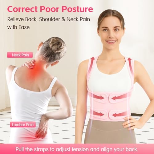 Posture Corrector for Women & Men, Adjustable Back Brace with Shoulder Straightener & Lumbar Support for Upper & Lower Back Pain Relief, Spine Support, Hunchback & Scoliosis, Pink, Large