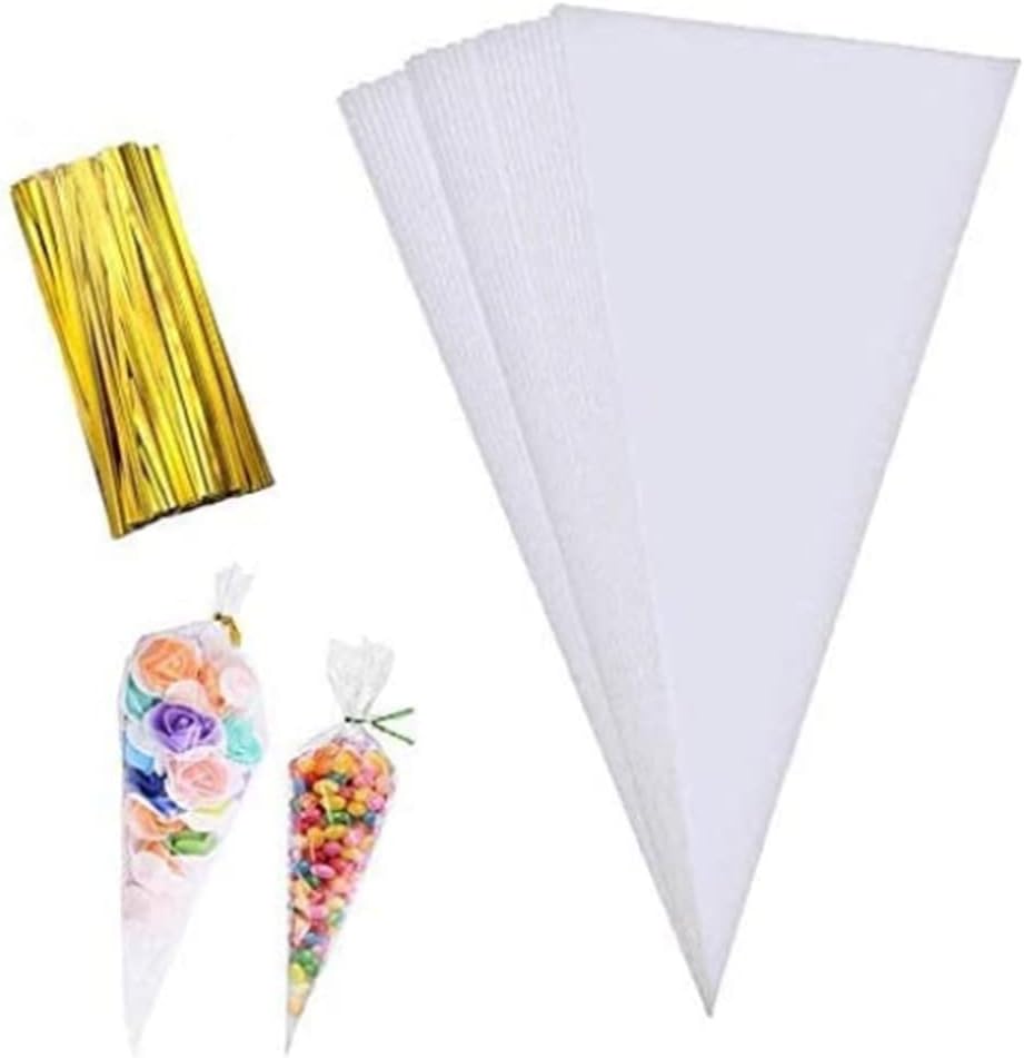 100 Pieces Popcorn Bags for Party Cone Shape Bags Transparent Cello Bags Sweet Clear Treat Bags with 100 Pieces Twist Ties, 5.1 x9.8 Inch (Gold Twist Ties)