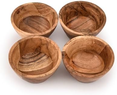 Salad Bowl Acacia Wood Set of 4 Individual Wood Serving Bowls for Salad, Fruit, Snacks, Nuts for Kitchen or Dining Table (Set of 4) (3.5" X 3. 5" X 2")