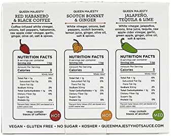 Queen Majesty 2OZ HOT SAUCE SAMPLER, Mini 2 oz - Jalapeño, Scotch Bonnet, Red Habanero/Award Winning Sauces - All Natural, Kosher, Vegan, Gluten Free, No Sugar, Made In NYC - Seen on Hot Ones