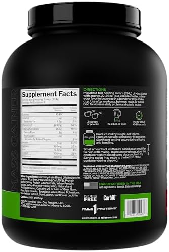Rule 1 Proteins Mass Gainer - High-Calorie Weight Gain Formula with 1,220+ Calories, 250g+ Complex Carb Blend, 40g All-Whey Protein Per Serving (8 Servings, Strawberries & Crème)