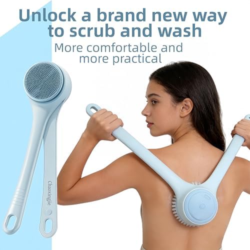 Electric Body Brush Back Scrubber for Shower, Waterproof Long Dual Handle Power Body Scrubber with 4 Heads, Rechargeable Bath Brush & 2 Speeds, for Cleansing, Exfoliating and Massaging Skin