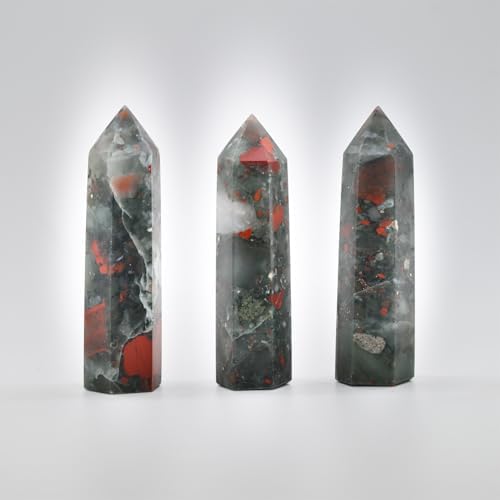 Angelstones Natural African Bloodstone Gemstone Healing Crystal Hexagonal Pointed Reiki Chakra Faceted Prism Wand Carved Stone Figurine Home Decor