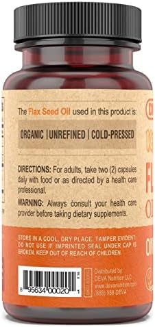DEVA Organic Vegan Vitamins Flax Seed Oil - Rich in Omega-3, Cold-Pressed & Unrefined - 90 Capsules, 2-Pack