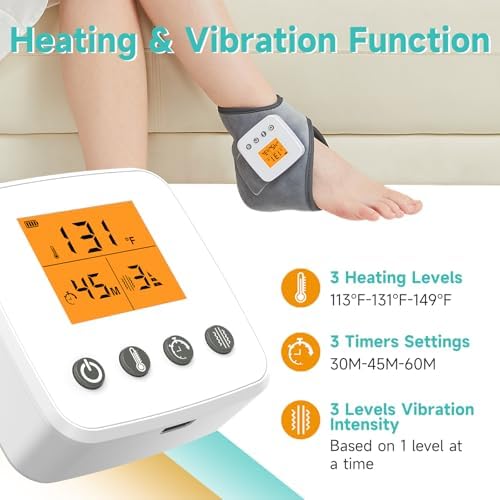 AOBOCO Cordless Ankle Massager with Heat - 3000mAh Ankle Heating Pad for Achilles Tendonitis and Plantar Fasciitis, Rechargeable Heated Foot Brace Wrap, 3 Vibration Mode, Auto Shut Off