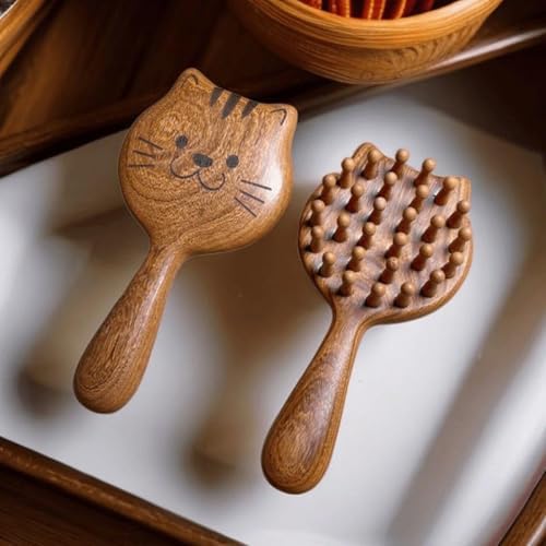 Hair Comb Handheld Wooden Comb Cute Kitty Design for Daily Use Sandalwood Anti-Static Scalp Massage