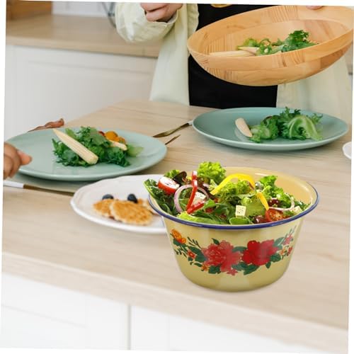 Vintage Enamel Basin with Lid Retro Hand-washing Bowl Multifunctional Enamel Container for Home Kitchen and Restaurant Use and Easy to Clean