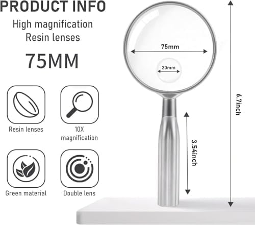 Lakei Magnifying Glass,10X Handheld Reading Magnifying Glass， 75mm Shatter Resistant Lens, Non-Slip Handle, Suitable for Elderly Reading, Adults Close Work, Hobbies and Science (Silver)