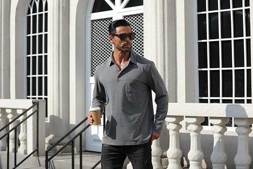 Men's Casual Polo Shirts Classic Long Sleeve Basic Button T-Shirt Lightweight Cotton Golf Tops with Pocket