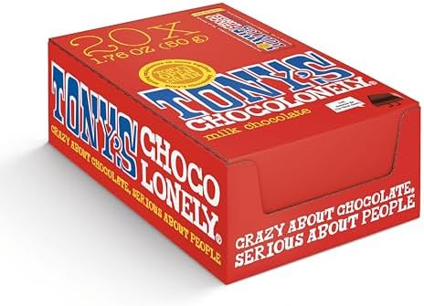 Tony’s Chocolonely Belgian Milk Chocolate Candy Bar, Pure Chocolate Bars for Snacks, Party Favors, Gifts, or Gift Basket, 32% Cacao, Made From Quality Fairtrade Cocoa, 20 Bars, 1.76 Oz Each