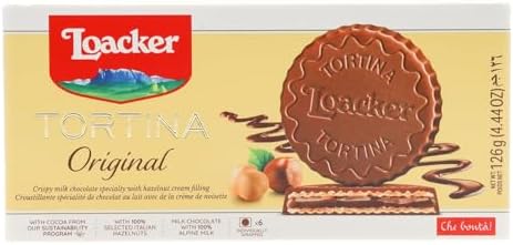 Loacker Tortina Original - Individually Wrapped Premium Milk Chocolate Enrobed Crispy Wafer Tartlets with Hazelnut Cream Filling - Pack of 12