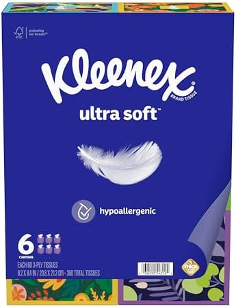 Kleenex Ultra Soft Facial Tissues, 6 Cube Boxes, 60 Tissues per Box, 3-Ply (360 Total Tissues), Packaging May Vary