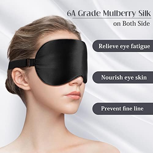 LULUSILK Mulberry Silk Sleep Eye Mask Blindfold with Adjustable Strap, Soft Eye Cover for Women Men Night Sleeping, Travel, Nap(Black)