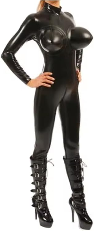Rubber Latex Women Inflatable Breast Catsuit Cosplay Costumes Jumpsuit Back Zipper