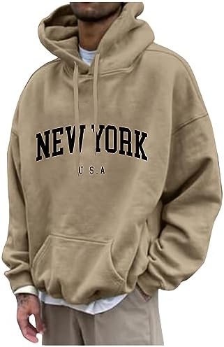 Men's Letter Graphic Print Hoodie Casual Long Sleeve Pullover Oversize New York Sweatshirt Pocket Drawstring Top