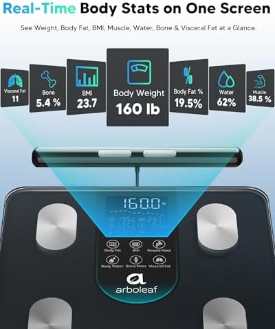 arboleaf Smart Scale for Body Weight, 8-Electrode Dual-Frequency BIA Bathroom Scale with 7-in-1 Display for BMI Body Fat Muscle Mass, Segmental Full Body Composition Analyzer, 50+ Metrics in App