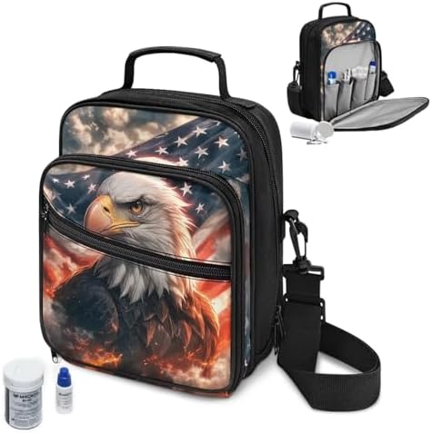 Insulated Diabetes Organizer, American Flag Eagle Print Diabetes Supply Bag, Diabetic Supplies Travel Case, Insulin Pen Case with Adjustable Shoulder Strap