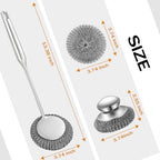 Heavy Duty Stainless Steel Scrubber Set - Long & Short Handle with 5 Steel Wool Pads, Cast Iron & Pot Scrubber for Dishes, Pans, Grills, Stoves