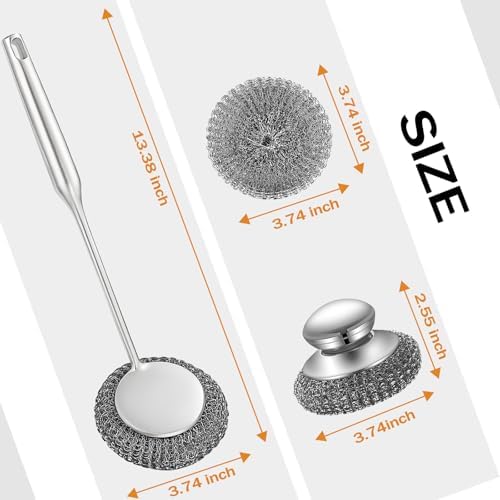 Heavy Duty Stainless Steel Scrubber Set - Long & Short Handle with 5 Steel Wool Pads, Cast Iron & Pot Scrubber for Dishes, Pans, Grills, Stoves