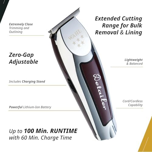 Wahl Professional 5 Star Cordless Detailer Li Trimmer T Wide Blade, Lithium-Ion Battery 100 Min Runtime for Hair & Beard, with Charging Stand