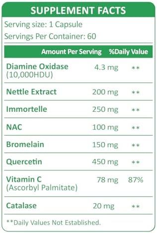 DAO Supplements Histamine Blocker – DAO Enzyme + Diamine Oxidase & Quercetin, Immortelle, Vitamin C for Gut Health and Food Support 60 Capsules