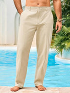 Runcati Mens Casual Pants Linen Elastic Waist Lightweight Straight Leg Pants Cotton Loose Fit Summer Beach Yoga Trousers