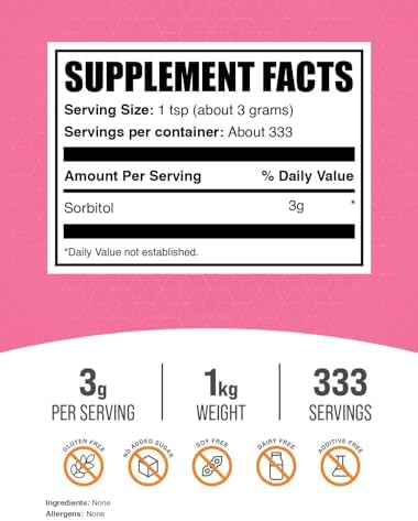 BulkSupplements.com Sorbitol Powder - Sugar Substitute, Low Calorie Sweetener - Food Grade & Gluten Free, 3g per Serving, 1kg (2.2 lbs) (Pack of 1)