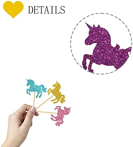 MonMon & Craft 24 Pcs Unicorn Cupcake Toppers / Baby Shower & Children's Birthday / Silver & Gold Glitter