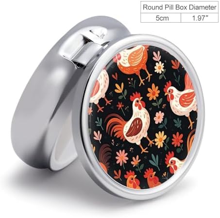 Cute Rooster Chickens Pill Organizer Cute Pill Box Decorative Metal Pill Case Portable Vitamin Organizer Travel Medicine Holder Mini Pill Storage Container for Purse