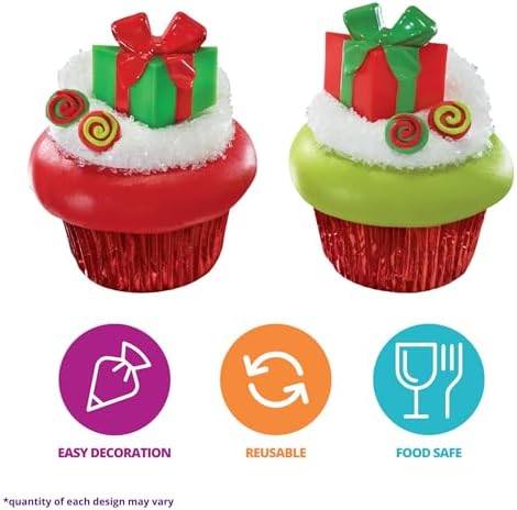 DecoPac Holiday Gifts Cupcake Toppers, 24 Christmas Cake Decorations, Red & Green, Food Safe – 24 Pack