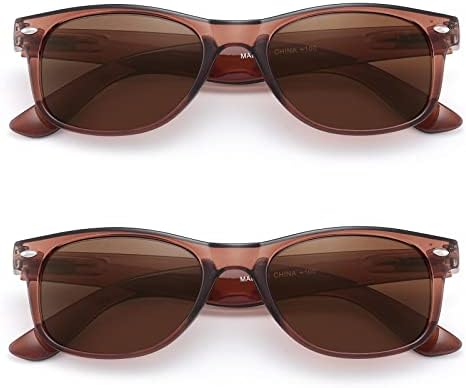 2 Pack Reader Sunglasses for Men Women Classic Rectangle Reading Glasses Outdoor Full Lenses Magnifying Eyewear UV Protection Bright Brown +1.0