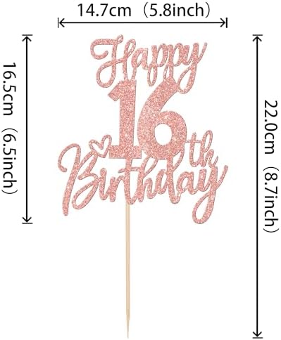 1 PCS Happy 16th Birthday Cake Topper Glitter Cheers to 16 Years Birthday Cake Pick Sixteen Sweet 16 Cake Decoration for Happy 16th Birthday Anniversary Theme Party Decorations Supplies Rose Gold