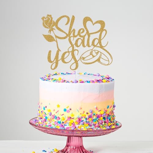 Glitter She Said Yes Cake Topper - Ring Rose Flower Mr & Mrs Anniversary Cake Topper, Funny Wedding Engagement Bachelorette Party Decorations Gold